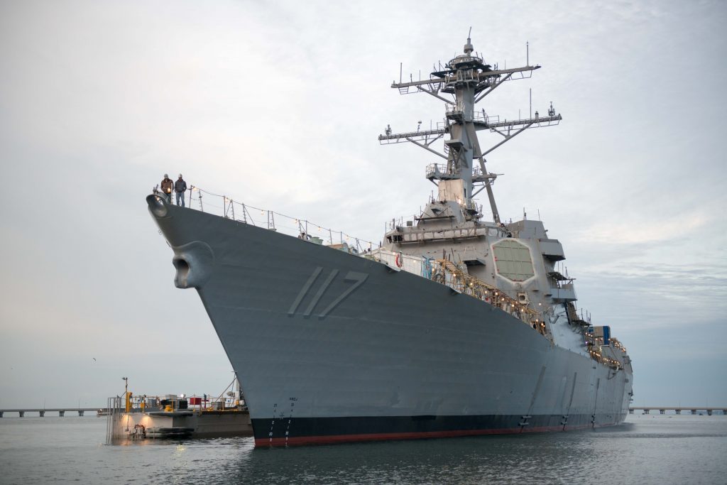 Navy warship at a pier