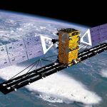 illustration of a satellite with solar panels in orbit above the earth