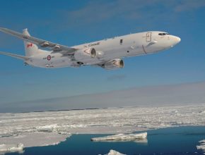 rendering of a maritime patrol aircraft flying over frozen waters in the Arctic