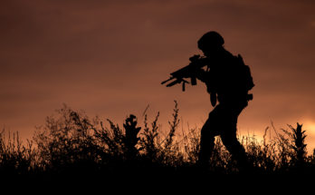 Silhouette of a soldier walking through the grass at sunset