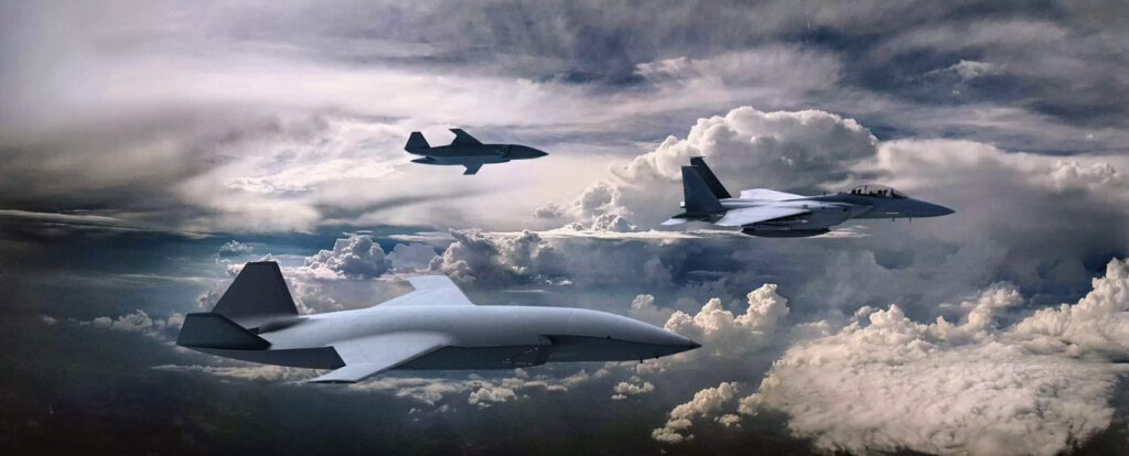 rendering of manned and unmanned aircraft in the clouds