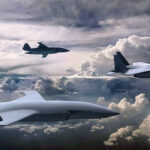 rendering of manned and unmanned aircraft in the clouds