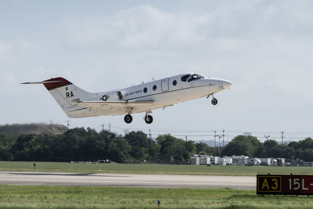 an Air Force trainer aircraft taking off 