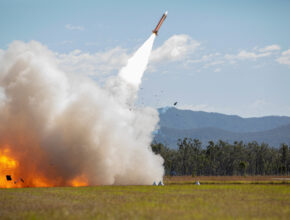 A launcher shrouded in smoke during a missile launch