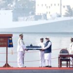 Prime Minister Narendra Modi aboard the INS Vagsheer. Image – Indian Navy