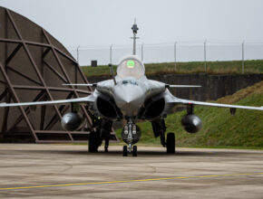 Head-on view of a fighter jet