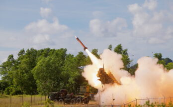 A missile is fired from its launcher.