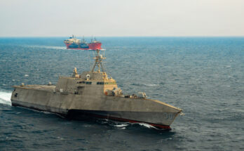 USS Canberra (LCS 30) escorts merchant vessel Seaway Hawk transporting four decommissioned Avenger-class Mine Countermeasures Ships
