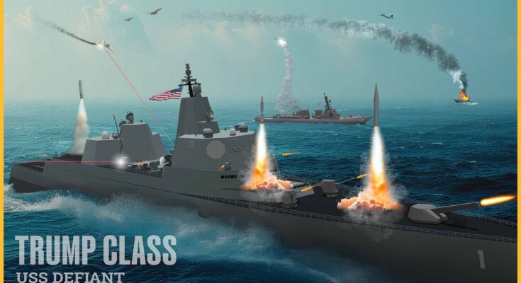 Concept art showing a proposed battleship firing weapons.
