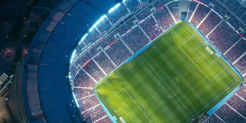 Aerial drone view of modern football soccer pitch sports stadium ground at night lights