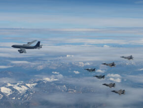 U.S. Air Force F-35A Lightning IIs, F-16 Fighting Falcons, F-22A Raptors and a KC-135 Stratotanker conduct sorties over the Joint Pacific Alaska Range Complex near Eielson Air Force Base, Alaska.