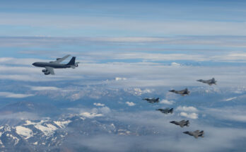 U.S. Air Force F-35A Lightning IIs, F-16 Fighting Falcons, F-22A Raptors and a KC-135 Stratotanker conduct sorties over the Joint Pacific Alaska Range Complex near Eielson Air Force Base, Alaska.