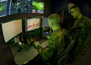 Marines with Marine Corps Forces Cyberspace Command in the cyber operations center at Lasswell Hall aboard Fort Meade, Maryland, Feb. 5, 2020.  Photo by Master Sgt. Jacob Osborne